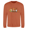 Cozy autumn sweatshirt with embroidered design featuring three gnomes, pumpkins, and fall leaves"