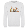 Cozy autumn sweatshirt with embroidered design featuring three gnomes, pumpkins, and fall leaves"