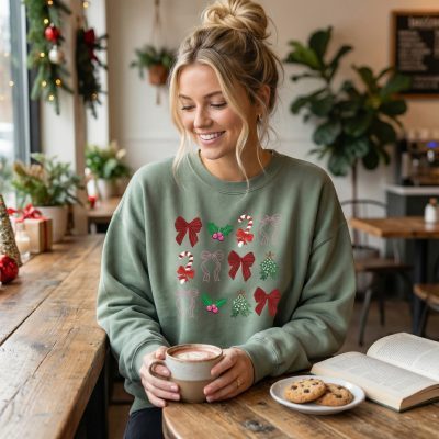 Sage green sweater with christmas design