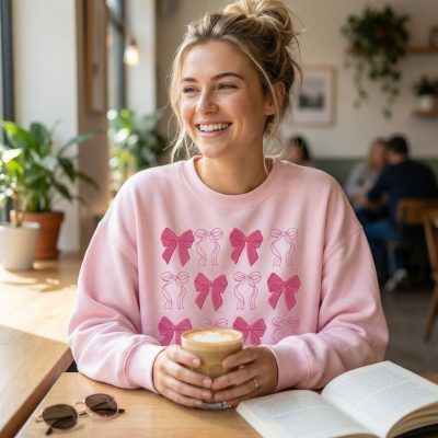 all the bows embroidered pink Christmas sweatshirt